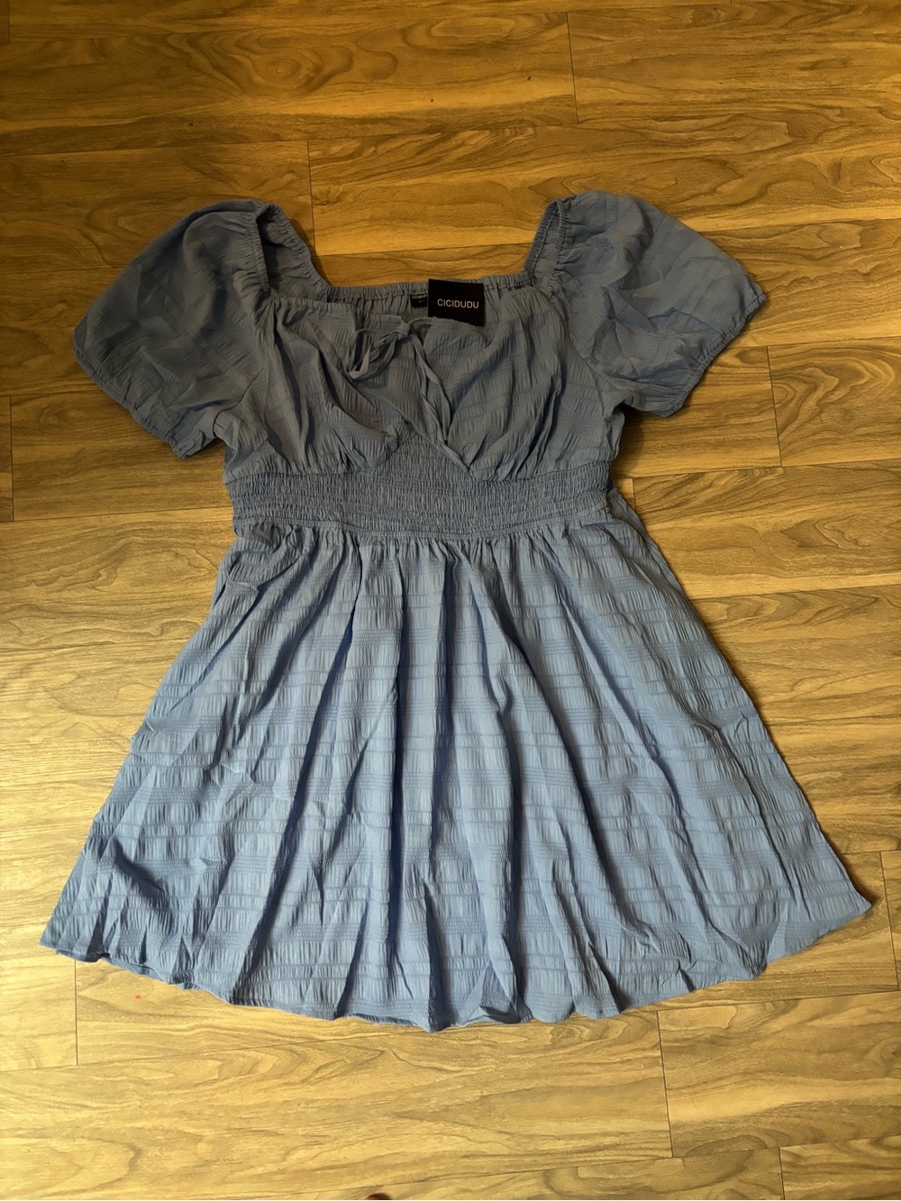 Blue Puff-Sleeve Smocked Waist Dress - Picture 2 of 4